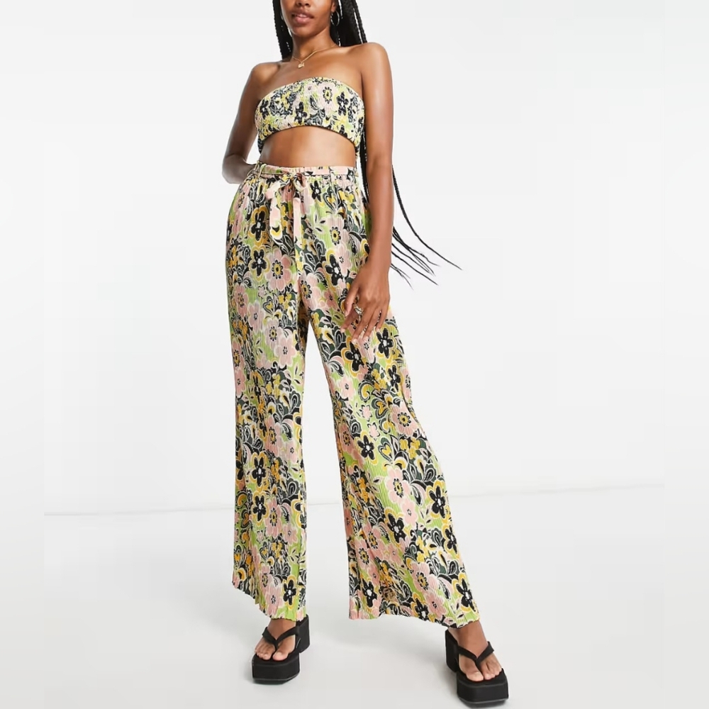 ASOS Topshop Tall 60s Floral Plisse Wide Leg Beach Pants Sz 0-2 Tall